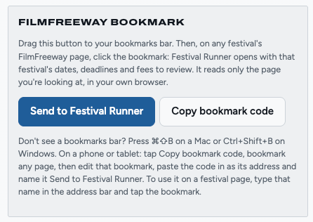 The FilmFreeway bookmark section in Settings, with the blue Send to Festival Runner button and a Copy bookmark code button.