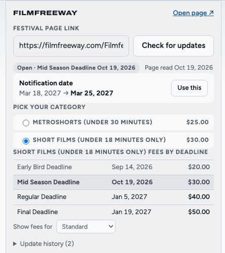 A festival's FilmFreeway panel: a suggested new notification date with a Use this button, the list of categories with current fees, and the chosen category's fee at each deadline.
